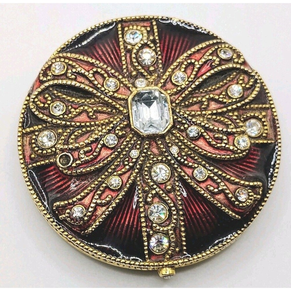 NEW Vintage Monet  Compact Mirror Red Enameled Brass W Rhinestones